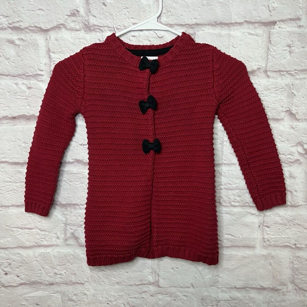 Tahari Girls Red Cable Knit Cardigan Sweater XS (4) Kids Long Sleeve Black Bow